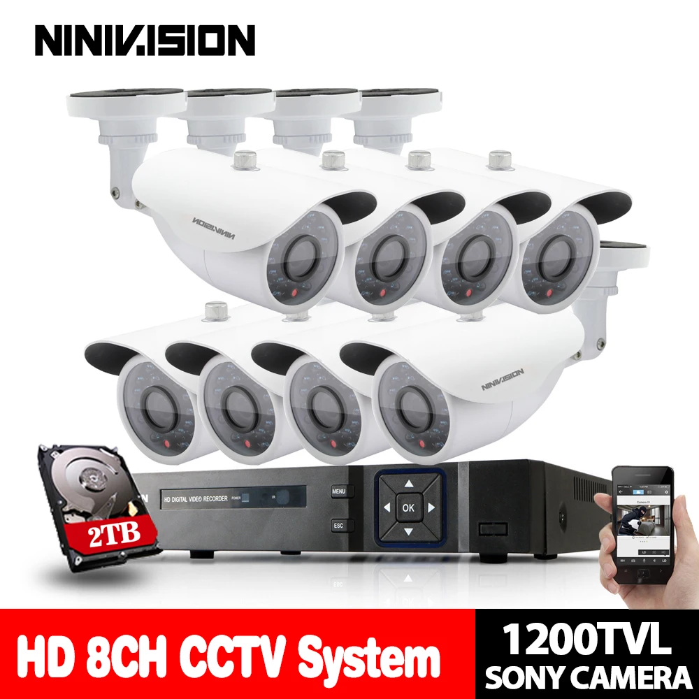 Уличная система камер видеонаблюдения NINIVISION 720P HD 1200TVL 1080P HDMI CCTV 8 каналов DVR Kit 2 ТБ