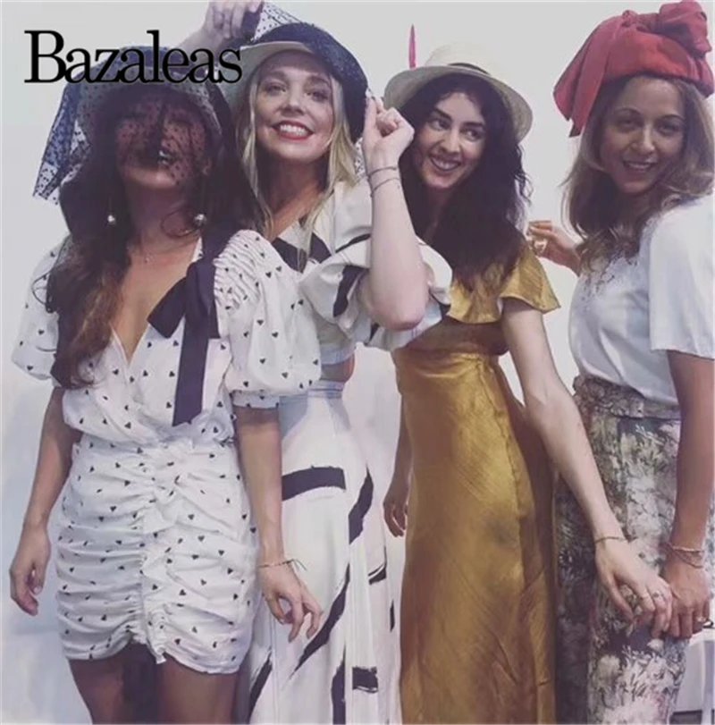 Bazaleas 2019 Fashion Heart Pattern Draped vestidos Vintage Shoulder Tie Bow Women Dress Puff Sleeve women Dresses Casual | Женская