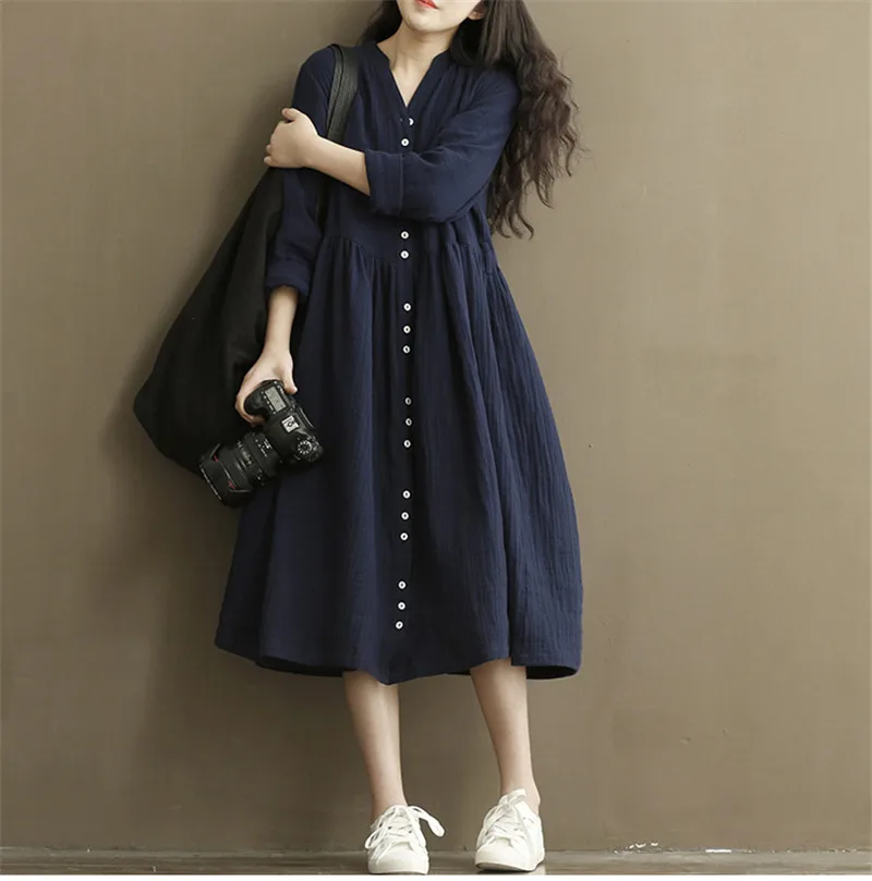 Платье женское с длинным рукавом в полоску большого размера из льна и хлопка|clothing