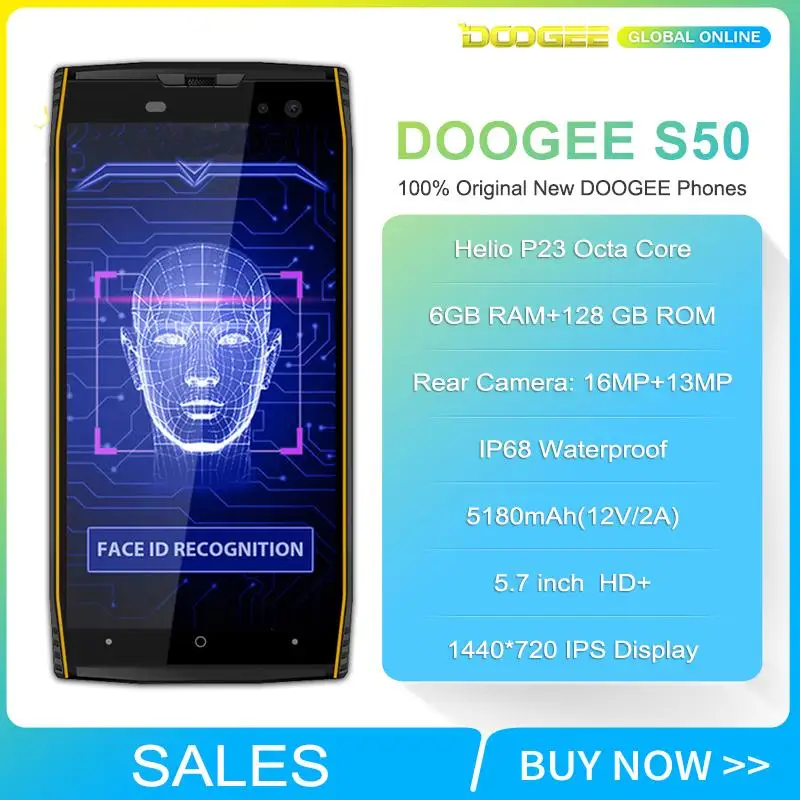 Промо DOOGEE S50 IP68 Водонепроницаемый Лицо id 128 Гб Смартфон 5 7 'ཎ:9 Восьмиядерный