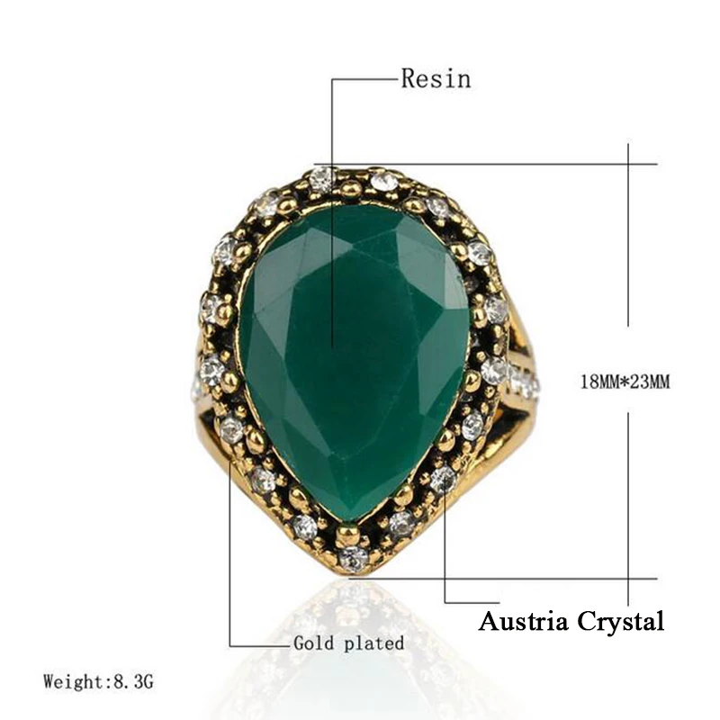 Золотое Кольцо Турецкая Мода Винтаж Австрия Кристалл Смола Water Drop Gem Женщины