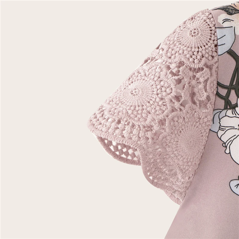 Dotfashion, контрастная кружевная Цветочная блузка с манжетами для женщин, с рукавом-крылышком, Boho, Женские топы и блузки,, плиссированные детали, летняя блузка