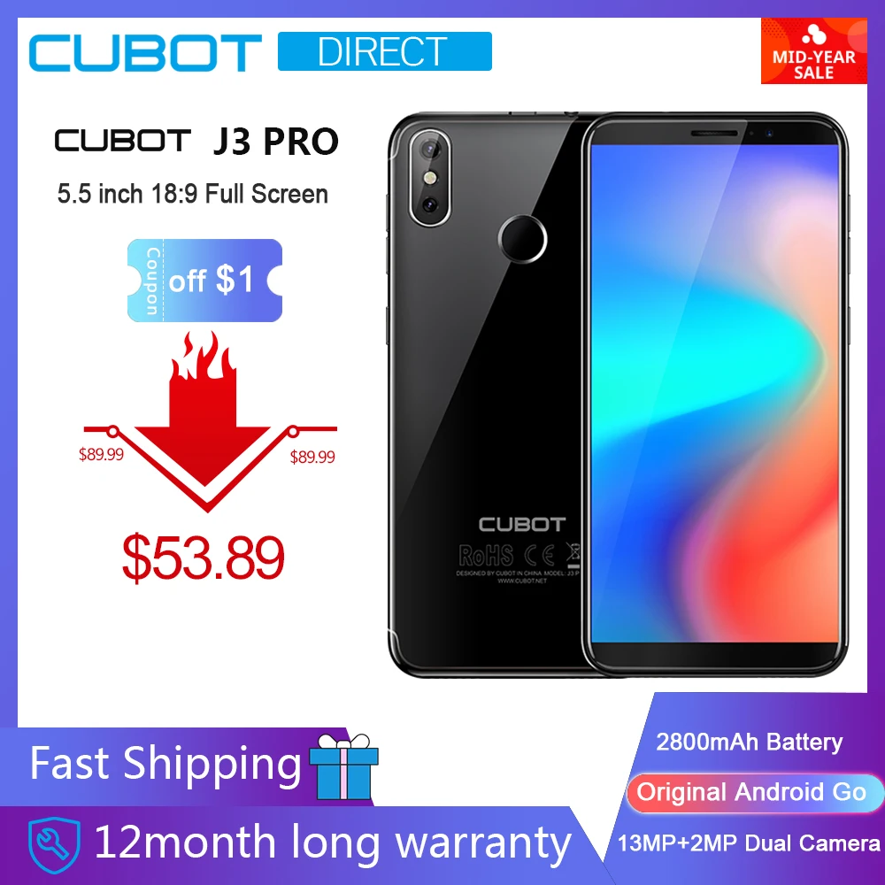 Cubot J3 Pro Android go телефон 5 &quot18:9 полный Экран задняя Двойная камера 13MP + 2MP MT6739 Quad Core 1