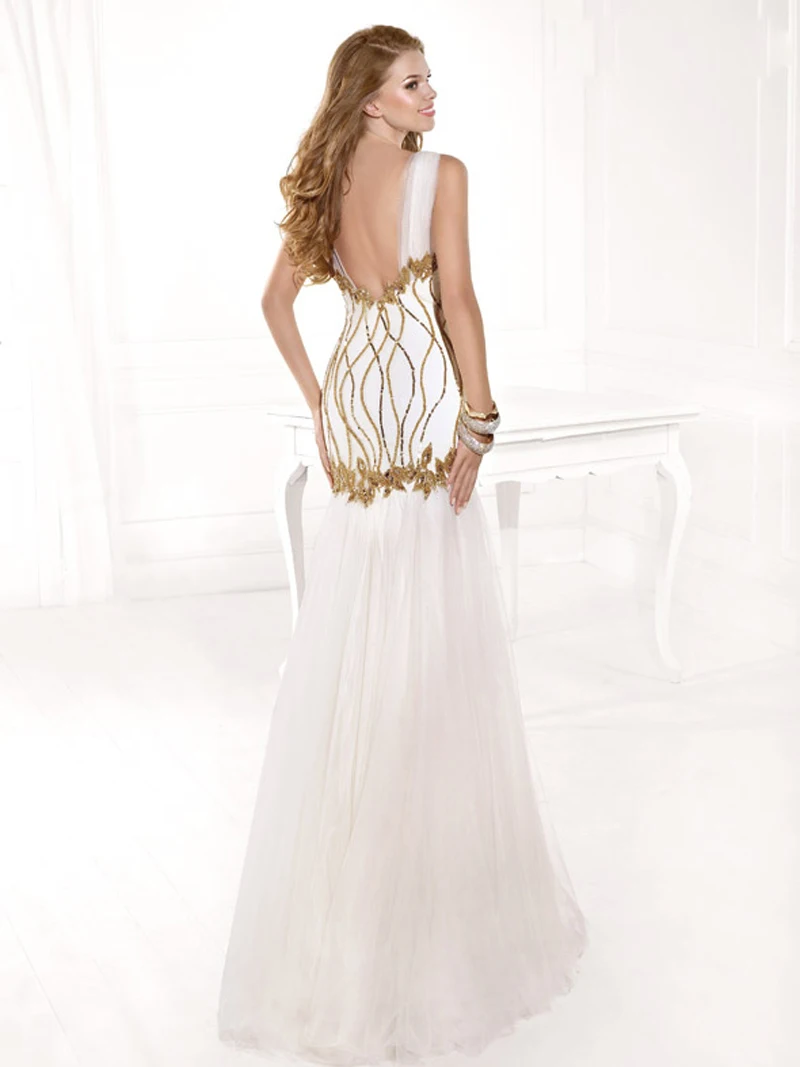 Cocktail Evening Dress Trumpet /Mermaid Floor-Length Built-In Bra Crystal None V-Neck Tank Sleeveless Natural Tulle Polyester Cu | Свадьбы и