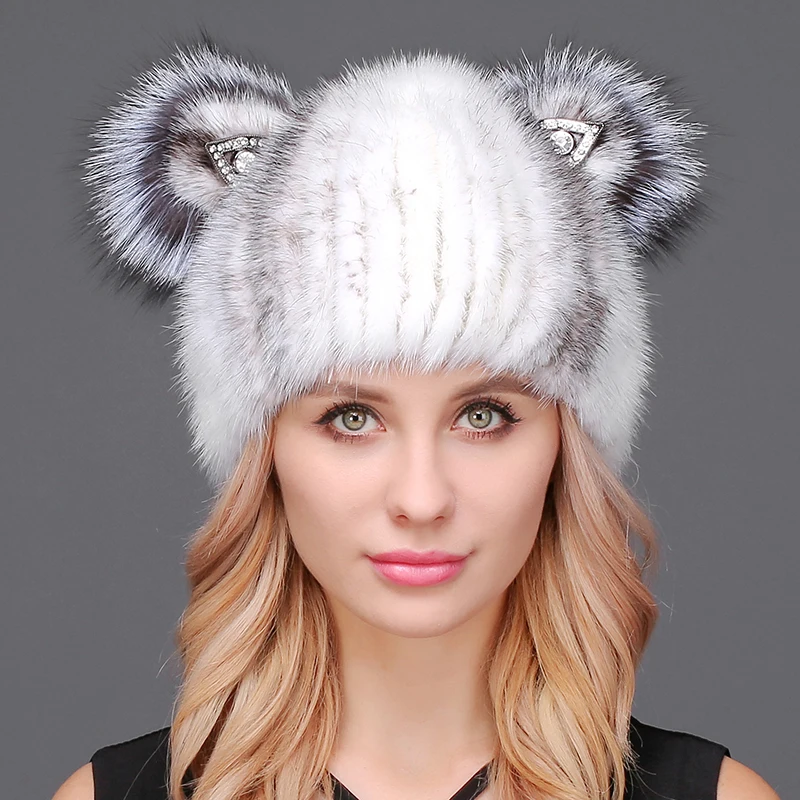 

New Women's Cat Ears Fur Hat Women Winter Mink Fur Hat Real Knitted Mink Fur Caps Female Russian Warm Beanies Hat
