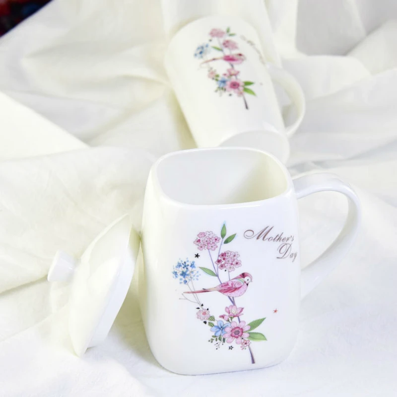 500ml Creative Square Mug Large-sized bone china cup with lid Ms. Gift Cup handle cover | Дом и сад