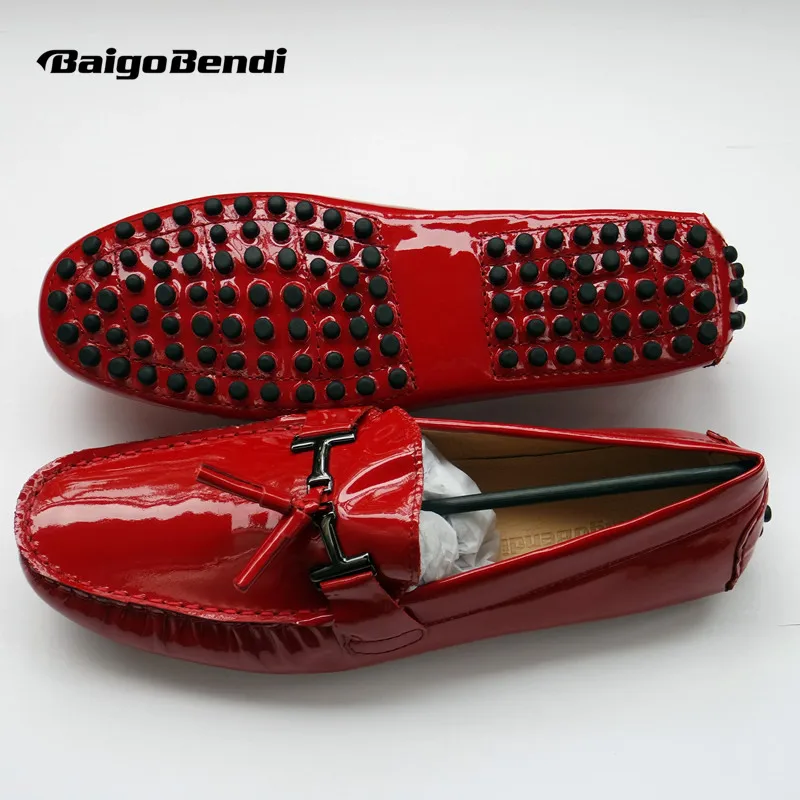 Mens Genuine Leather Red Patent Loafer Shoes Slip on Tassel Driving Big Size 11 12 45 Casual Men | Обувь