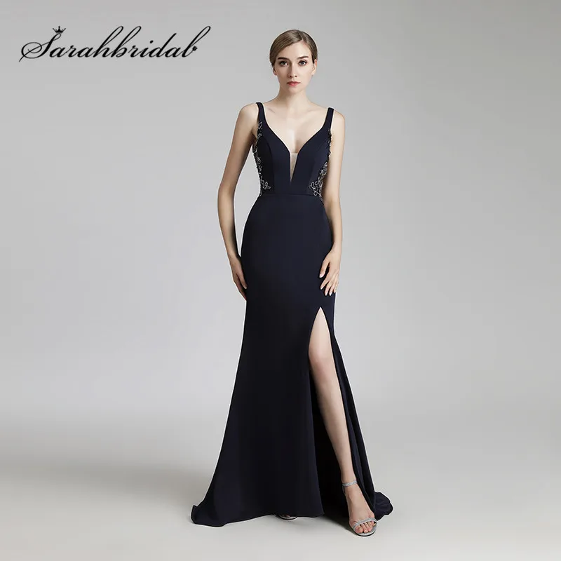 navy blue Темно-синие длинные вечерние сексуальные платья с открытой спиной Бисероплетение Кристаллы со шлейфом с Боковым Разрезом вечерние платья для выпускного вечера длиной до пола CC465 - Цвет: navy blue