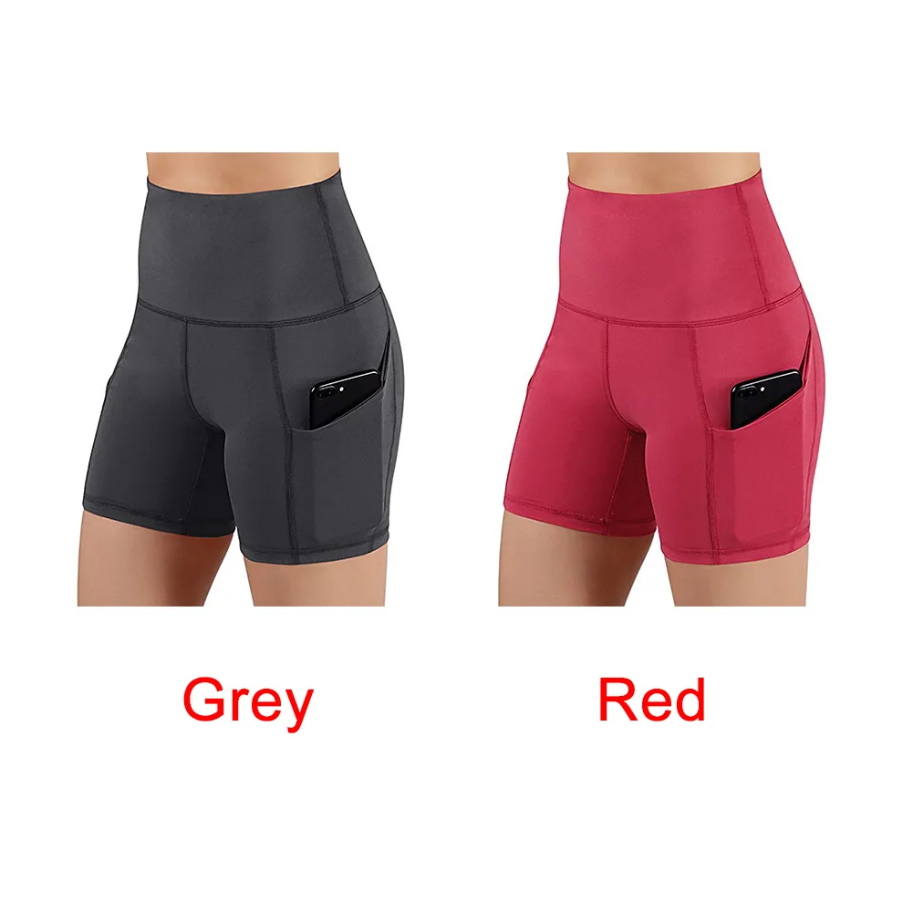 Women Elastic Quick Dry Summer Slim Fit Sports Yoga Shorts With Pocket Soft Gym Solid Sweat Absorbing High Waist Workout Tights