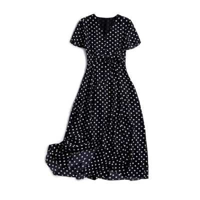 Женское шифоновое платье в горошек летнее с v образным вырезом и разрезом