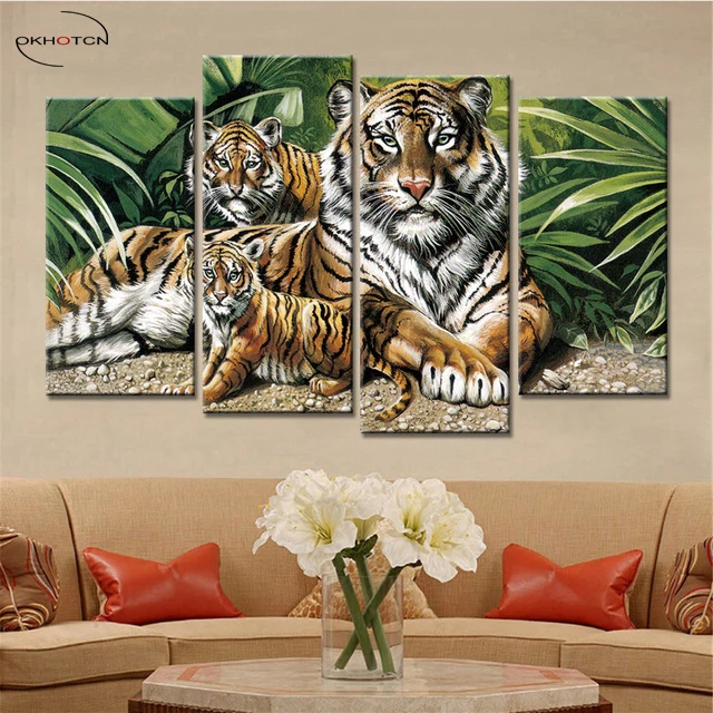 Tiger Baby And Mother Animal Painting Unframed Print Poster Canvas Wall Art Room Decor 4 Pieces/Set Modern Printing | Дом и сад