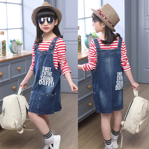 

New Girl 16 Years Autumn Big Boy Girl Denim Skirt T-shirt Cowboy Suspenders Skirt In Korean Two Piece Set