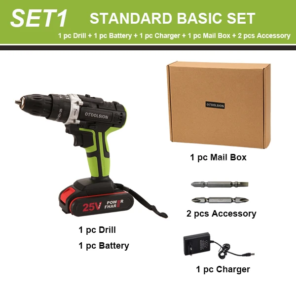 SET1 (1 pc Battery) 25 в ударная электрическая отвертка 1600 об/мин 25+ 3 крутящий момент ударная электрическая дрель молоток электроинструменты с бурильными частями - Цвет: SET1 (1 pc Battery)