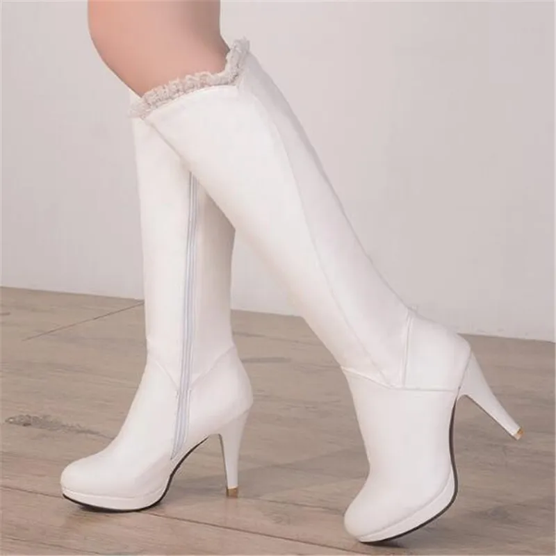 Women Boots Autumn and winter New style fashion black white Side zipper High-heeled Boots Lean leg High cylinder Chivalry boots