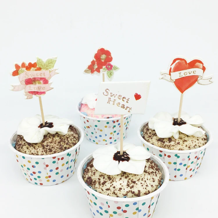 24 шт./лот топперы для торта в виде сердца и цветов с надписью Love Мультяшные