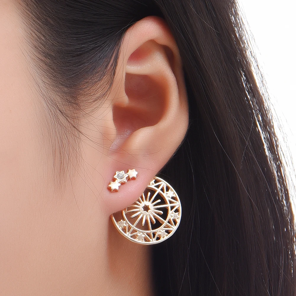 Модные двухсторонние круглые полые серьги с подсолнухом золотого и серебряного