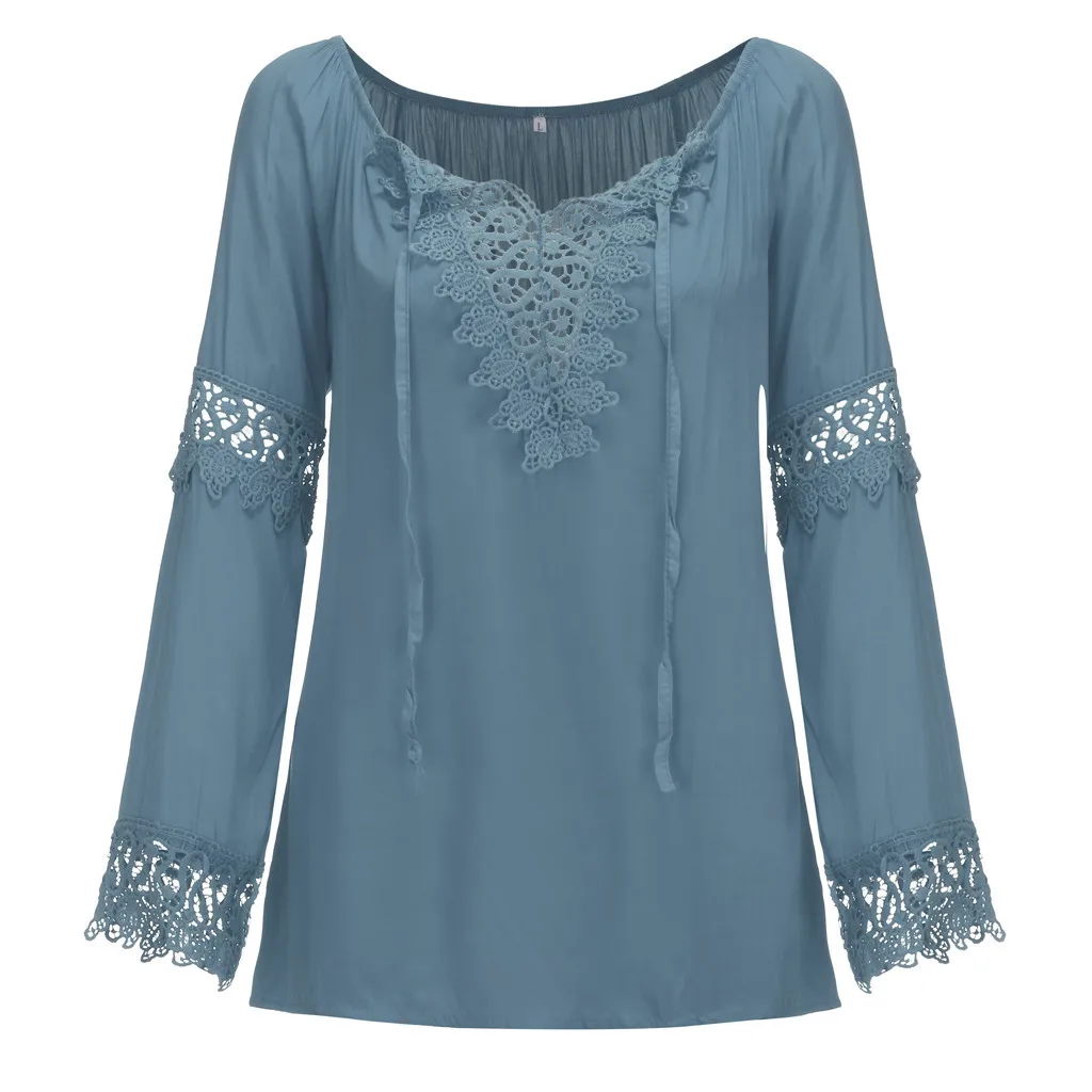 Размера плюс S-5XL Женские топы с открытыми плечами Boho одноцветные женские сексуальные кружевные с длинным рукавом Блузка Топы Свободного Покроя blusas mujer de moda