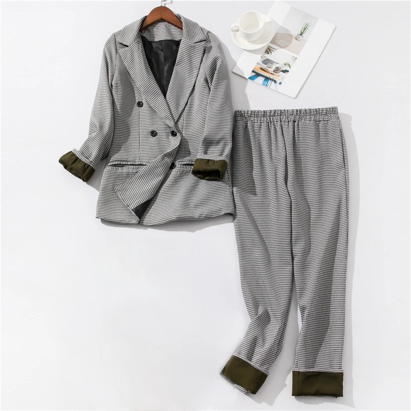 2019 New Vintage Plaid 2 Piece Set Women Double Breasted Long Sleeve Office Blazer &amp Nine Pants Spring autumn Women's Suit |