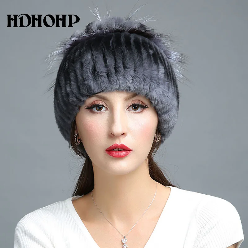 HDHOHR Зима Для женщин теплые из натурального меха Шапки кролика Рекс Меховые Шапки Silver Fox меховой шапочки Шапки женский качество Повседневное шапки - Цвет: Темно-серый