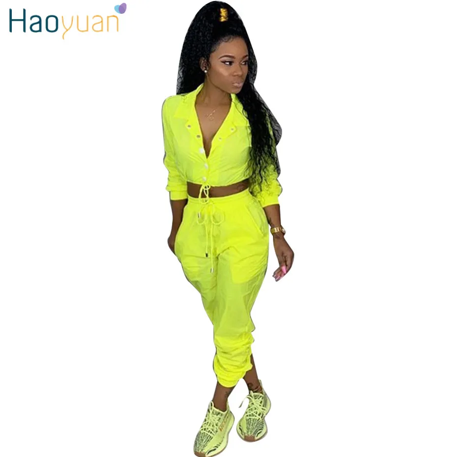 neon yellow HAOYUAN, неоновый, желтый, розовый комплект из двух предметов, женская одежда, спортивный костюм, сексуальная клубная одежда, топ и штаны, спортивный костюм, комплект из 2 предметов - Цвет: neon yellow