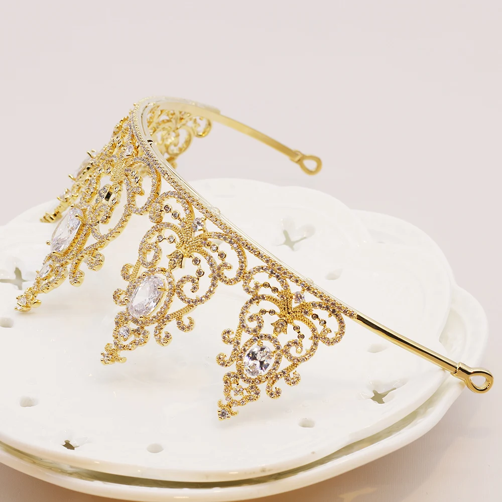 Блестящие золотые Цвет свадебная тиара AAA Цирконий Корона Украшения для волос