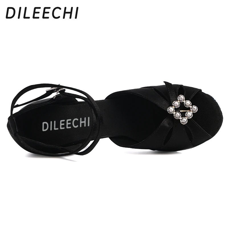 DILEECHI/туфли для латинских танцев; черные атласные большие стразы; женские туфли для латинских танцев на квадратном каблуке 8,5 см; мягкая подошва