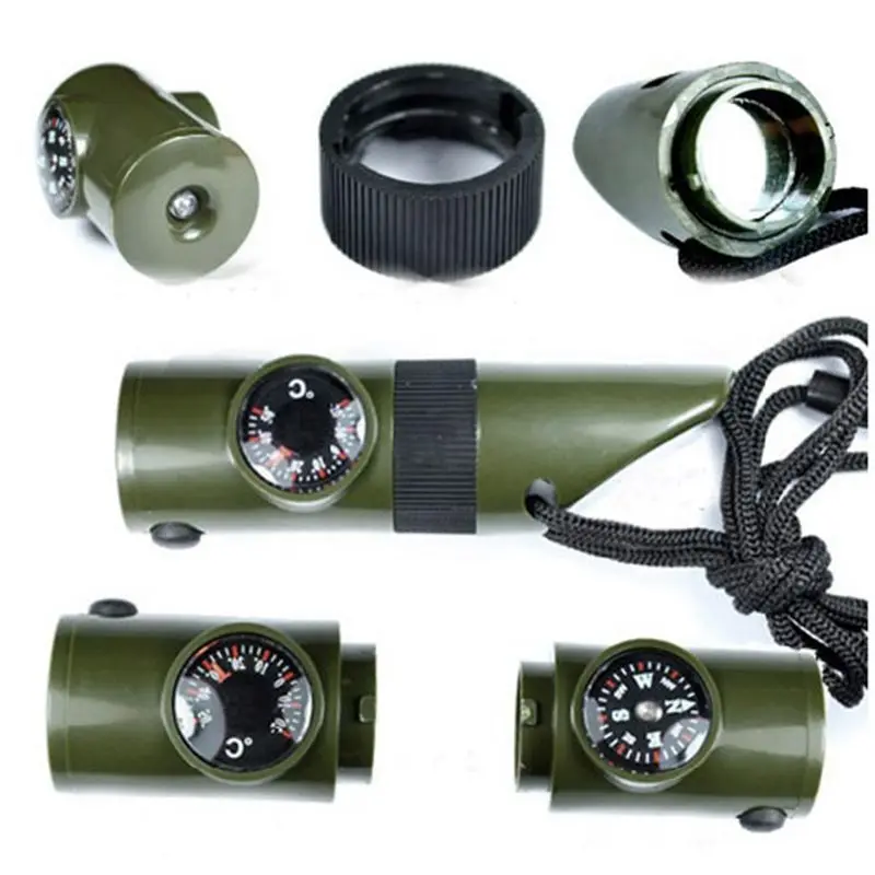 

2021 Essential Outdoor 7in1 Multifunctional Camping Survival Whistle Compass Thermometer LED Flashlight Light Magnifier Hot Sale