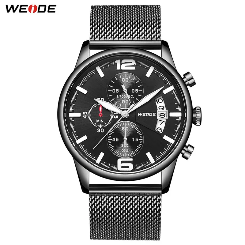 WD011-1C WEIDE кварцевые мужские спортивные часы с хронографом и тремя циферблатами, черный металлический ремешок, браслет, наручные часы, мужские часы - Цвет: WD011-1C