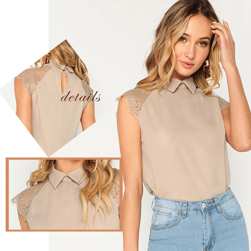 Sheinside, зеленая Элегантная блузка, контрастный кружевной топ, Офисная Женская рабочая одежда, отложной воротник, без рукавов,, летние топы и блузки