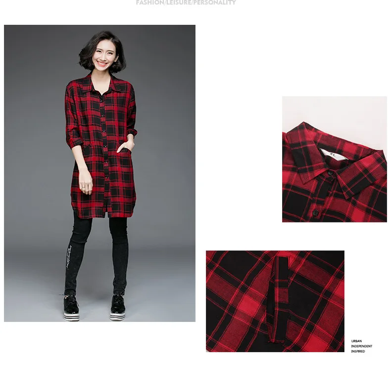 2017 Весна Женщины три четверти рукав длинный клетчатую рубашку поворот воротник