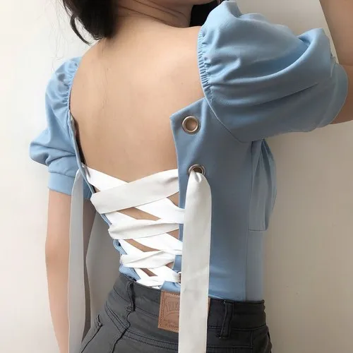 light Neploe Palace Style Drawstring Women Shirts New Square Collar Puff Sleeve Blusa Sexy Backless Slim Fit Ladies Tops 45070 - Цвет: light