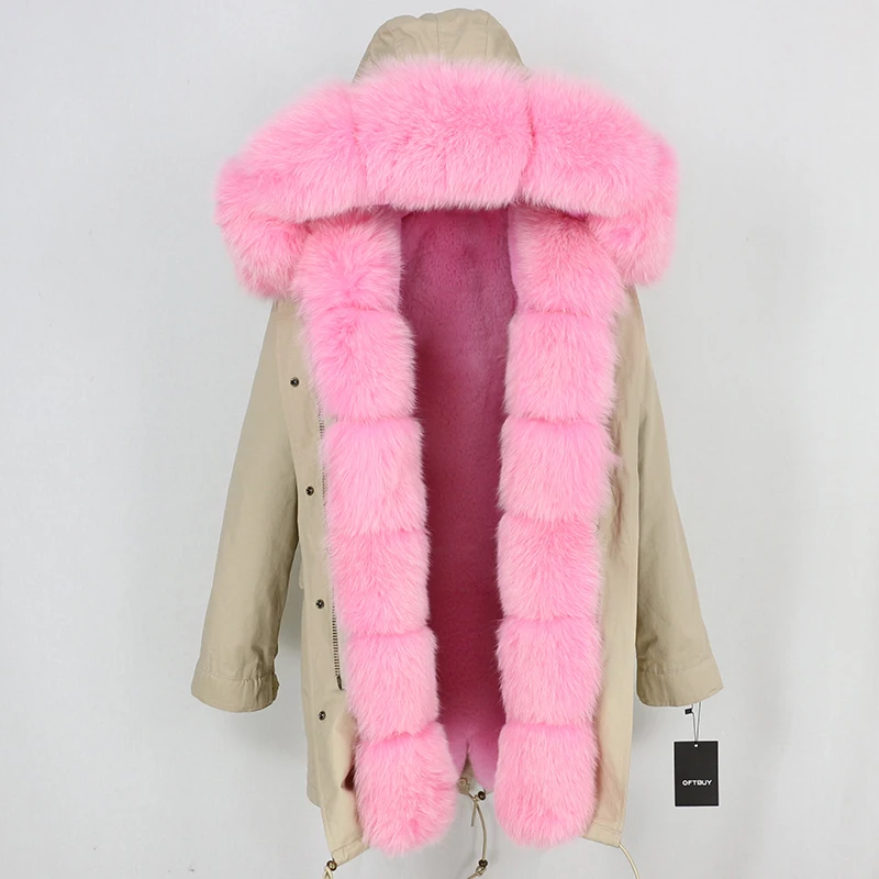 beige pink OFTBUY, зимняя женская куртка, пальто из натурального меха, длинная парка, Воротник из натурального Лисьего меха, Толстая теплая брендовая Роскошная Съемная Повседневная Новинка - Цвет: beige pink