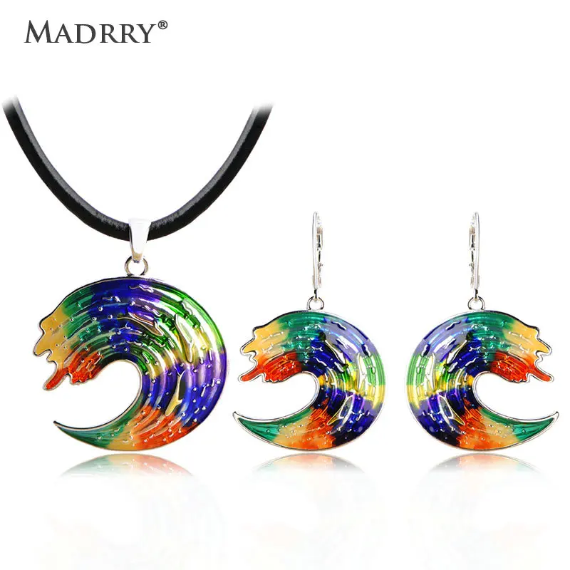 

Madrry Pretty Enamel Jewelry Sets Difficult Craft Pendant Necklace & Earrings Leather Chain Vintage Feminino Aretes 3 Colors