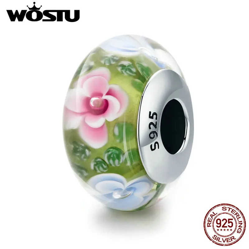 WOSTU, высокое качество, аутентичный, 925 пробы, серебряный, романтичный, розовый, из муранского стекла с изображением цветка, бисер, подходит для браслета, ювелирное изделие, подарок CQZ073