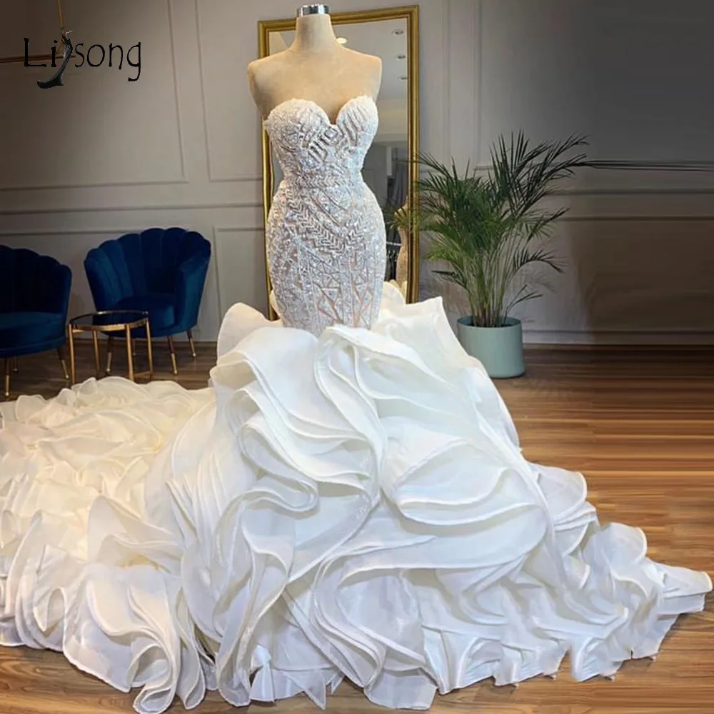 Casamento 2019 сверкают Свадебные платья Русалочки пышным низом с оборками милое