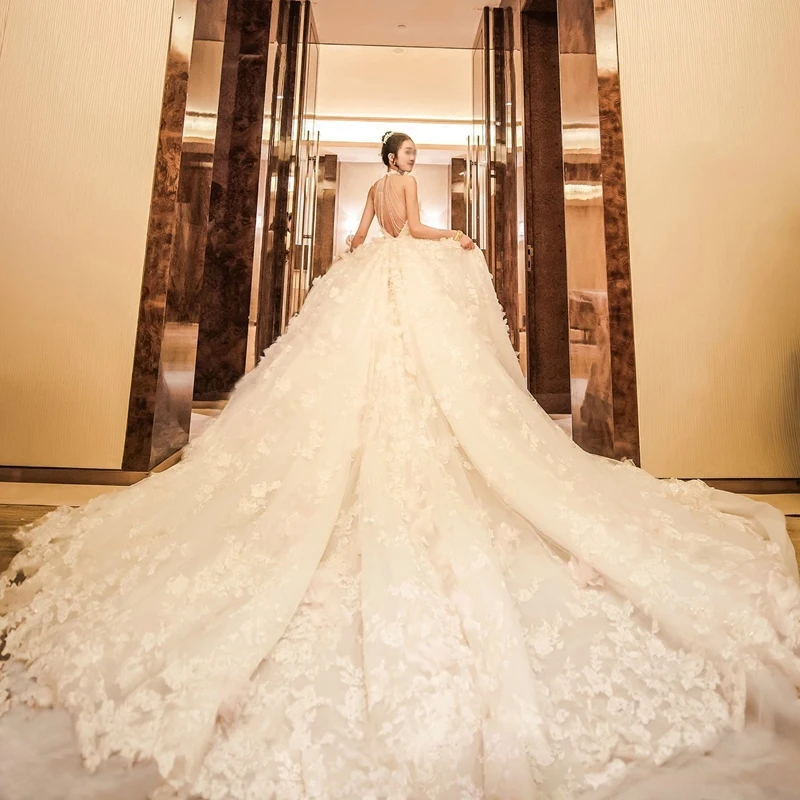 Роскошные соборный Королевский Шлейф Бальное платье Дубай кружевная одежда с