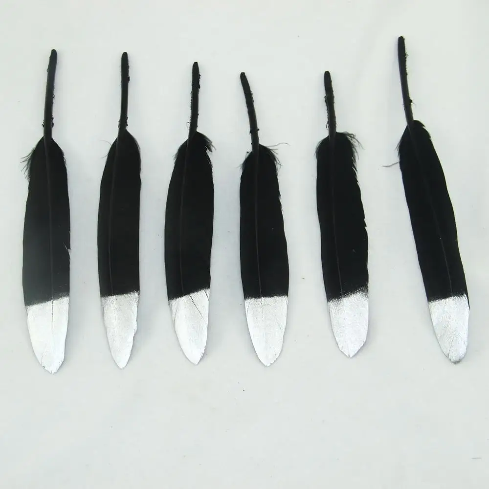 black silver 10 шт. высокое качество печатное перо 10-15 см золото серебро перо натуральный 4-6 дюймов DIY Ловец снов домашнее украшение - Цвет: black silver