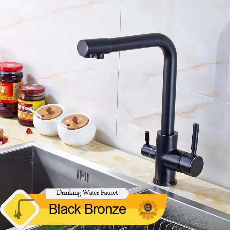 Black Bronze Faucet Хромированный латунный отвод очищенной воды, кухонный смеситель, кухонный кран, чистый фильтр для воды, бортике, двойные ручки, краны для горячей и холодной воды - Цвет: Black Bronze Faucet
