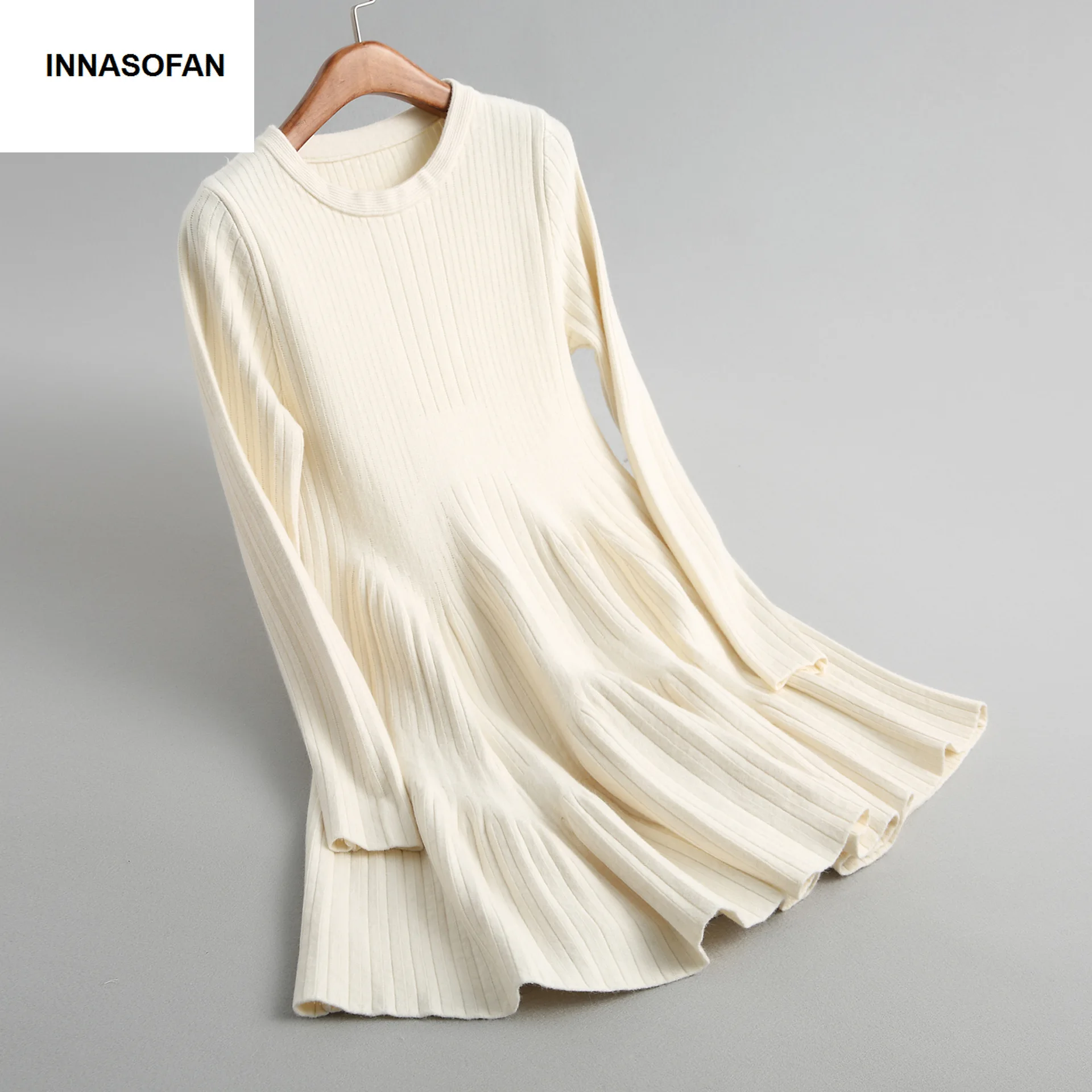 INNASOFAN dressWomen's Autumn-winter knitted mini-dress Euro-American fashion long sweater with flounces and sleeves | Женская
