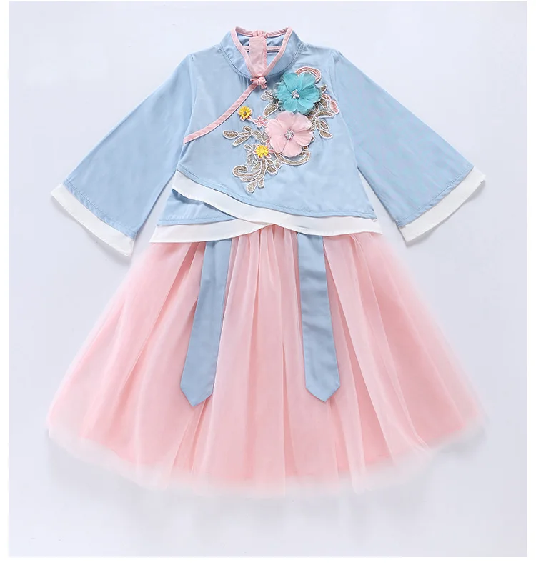 Blue Hanfu/комплект одежды для девочек, осень года, китайский стиль, топ с цветочным принтом для маленьких девочек+ юбка, костюм из двух предметов для девочек, Детский костюм, От 3 до 10 лет - Цвет: Blue