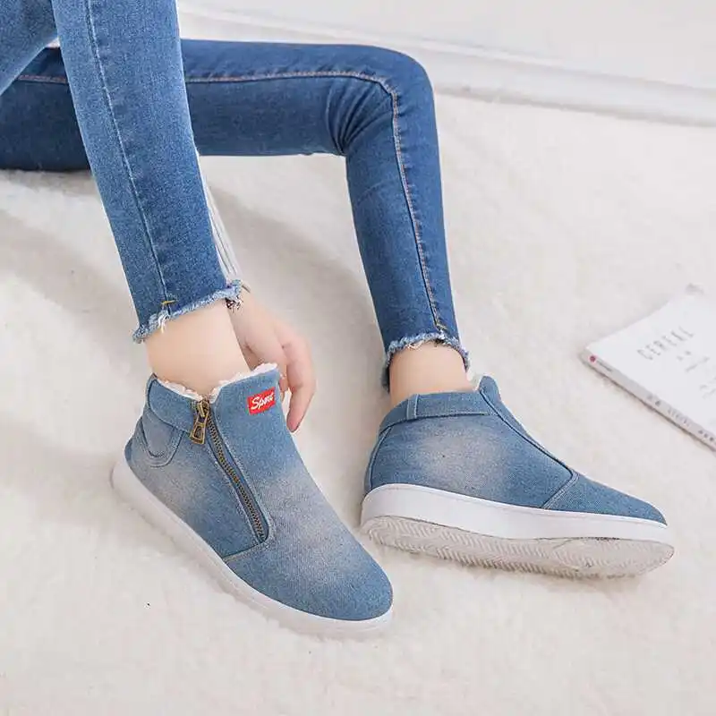 New Winter Shoes Women Denim Ankle Boots Classic Zipper Snow Warm Plush Thickening Flat for Zapatos Mujer Dropship | Обувь