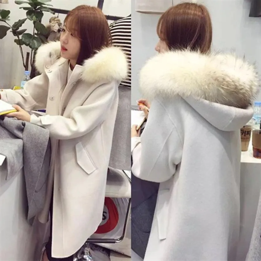 

2018 new autumn and winter women's hooded woolen coat and long sections thicker Nagymaros collar woolen coat solid color TB18909