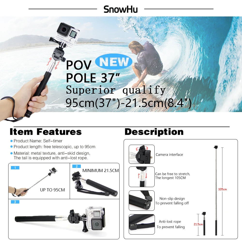 SnowHu для Gopro hero 4 3 + Водонепроницаемый чехол монопод сумка переноски gopro набор