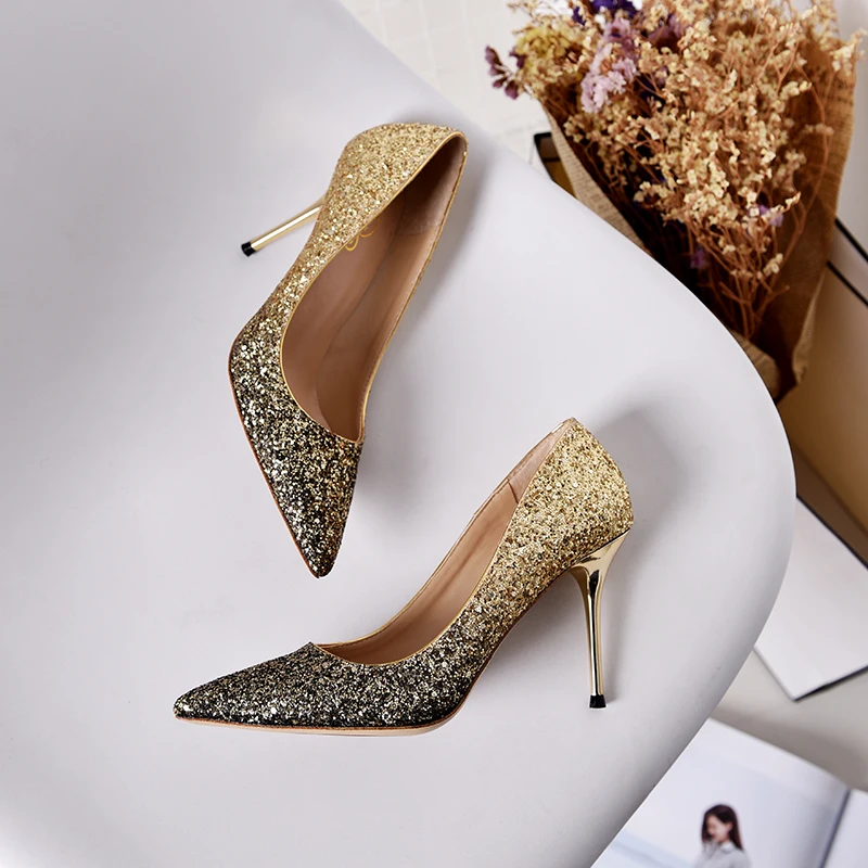 

Bride Wedding Pumps Woman Luxury Sheepskin Genuine Leather Sexy Gradient Pointed Toe High Heel Cow Muscle Soft Size 9 10 Party