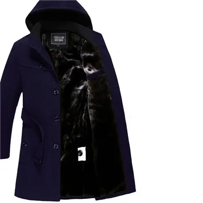 Navy blue Зимнее мужское шерстяное пальто, длинный теплый Тренч с капюшоном, большой размер 4xl, мужские зимние куртки, толстая ветровка на пуговицах, мужская одежда ZZ106 - Цвет: Navy blue
