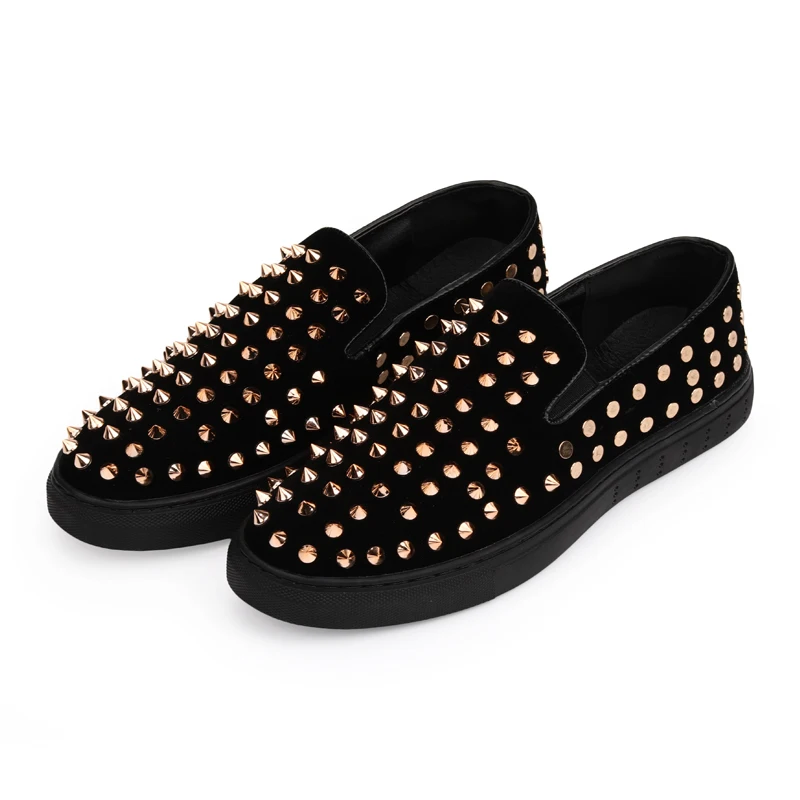 POLALI Men's Wedding Party Shoes Fashion Spikes Man Loafers Rivets Glitter Casual Driving Mens Flats Black Gold | Обувь