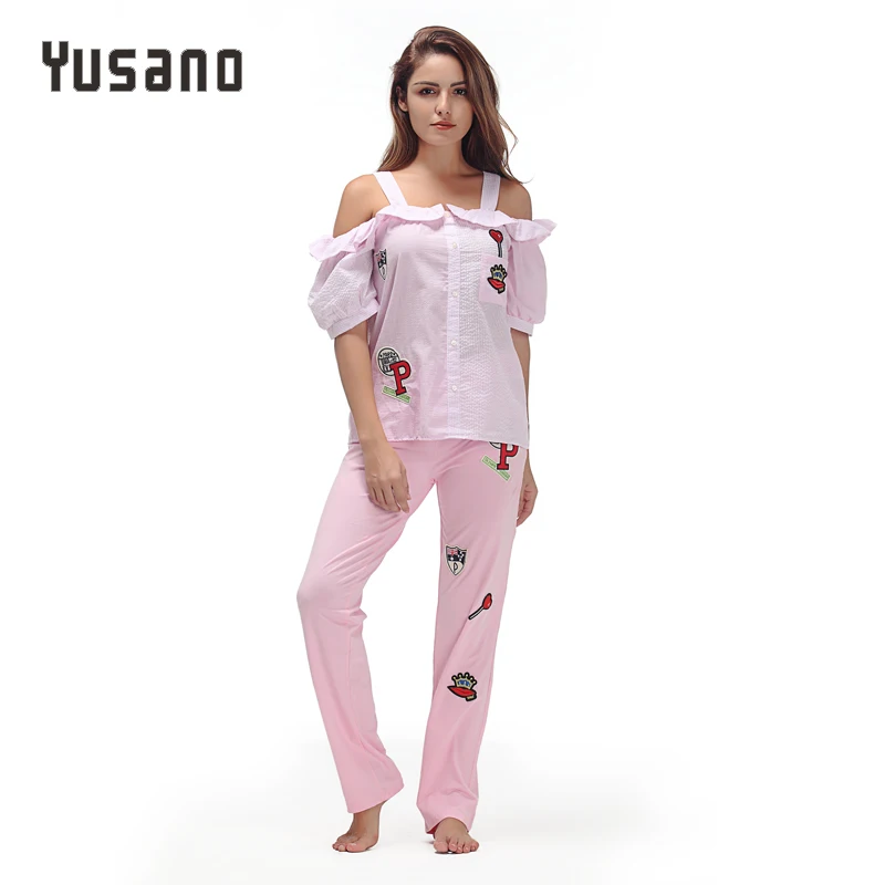 Yusano 2017 Pajamas Women Embroidery Camisole Short Sleeve Ruffle Sleepwear Girl Blue Pink Stripe Homewear Cotton Top+Long Pants | Женская