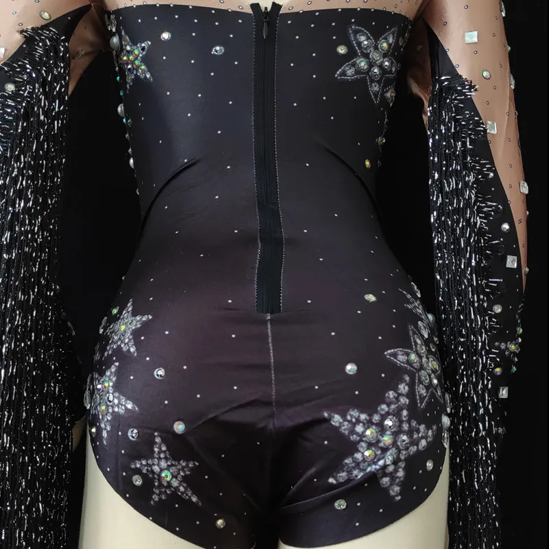 Fashion Tassel Stretch Women Bodysuits Stage Performance Sexy Dancer Catsuits Pearls Crystals Jumpsuits Nightclub Singer Clothes