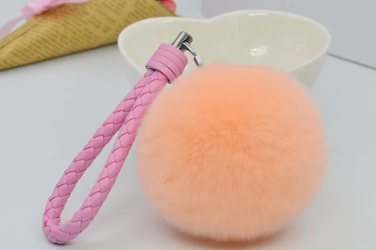 Пушистый помпон из кроличьего меха брелок для ключей кожаный ремешок