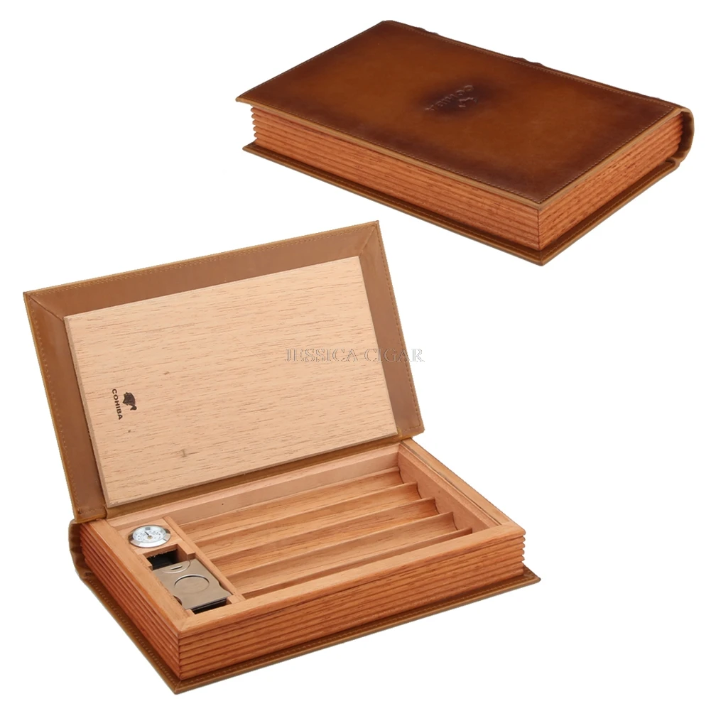 COHIBA элегантный дизайн книги кедровый деревянный ящик для сигар, портативный кожаный чехол для путешествий с обрезчиком, гигрометр